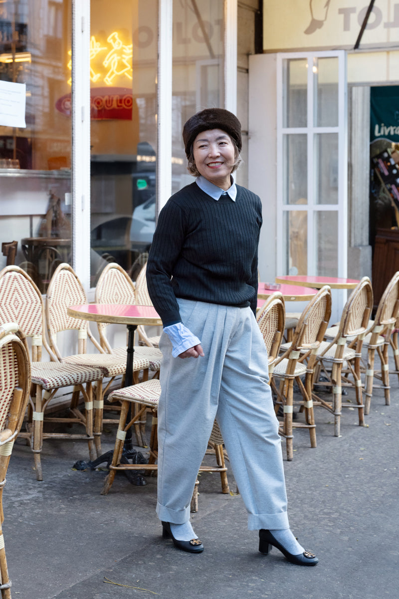 【極美品】SLOANE バイカラー七分袖リブニット ネイビー ミモレ別注】スローン×チャコさんコラボ バイカラー七分袖リブニット