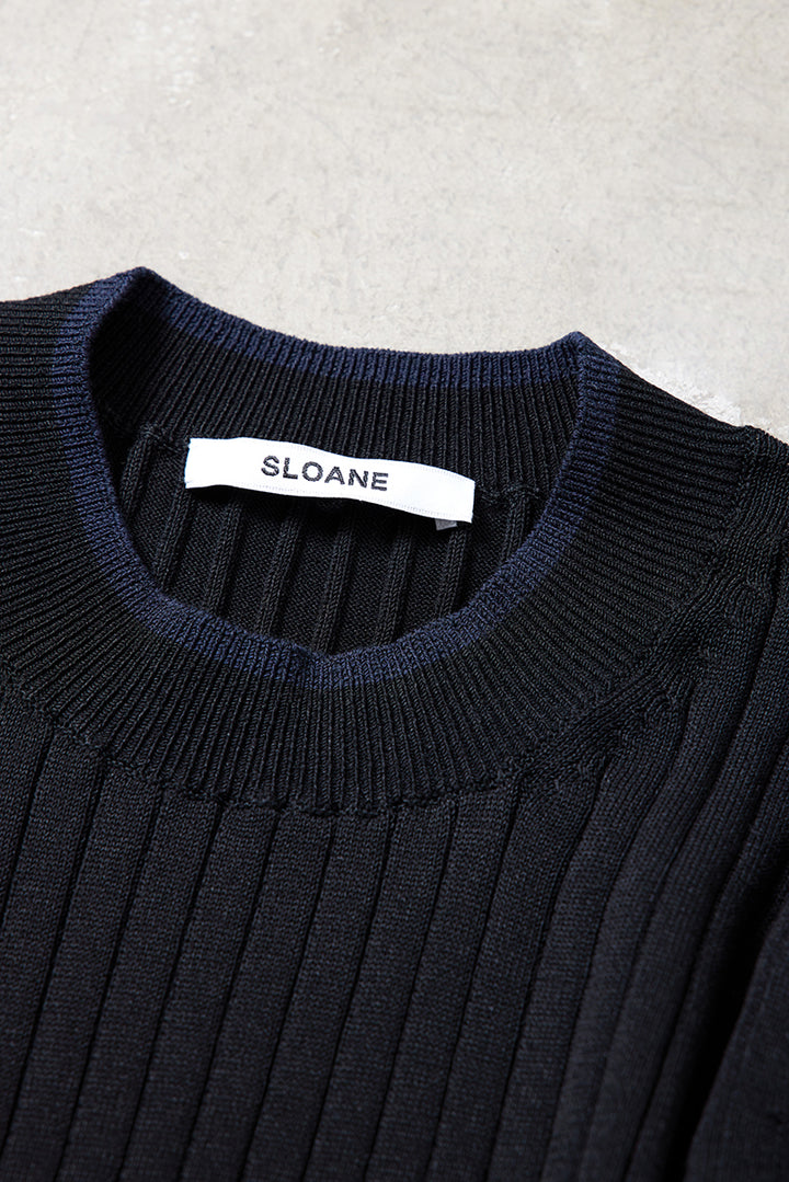 【極美品】SLOANE バイカラー七分袖リブニット ネイビー ミモレ別注】スローン×チャコさんコラボ バイカラー七分袖リブニット